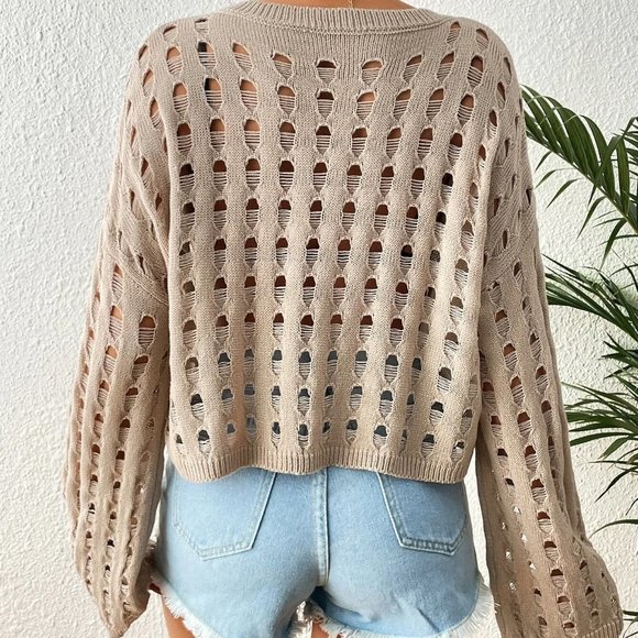 Khaki Boho Womens Hollow Out Drop Shoulder Cover Up - Picture 2 of 5